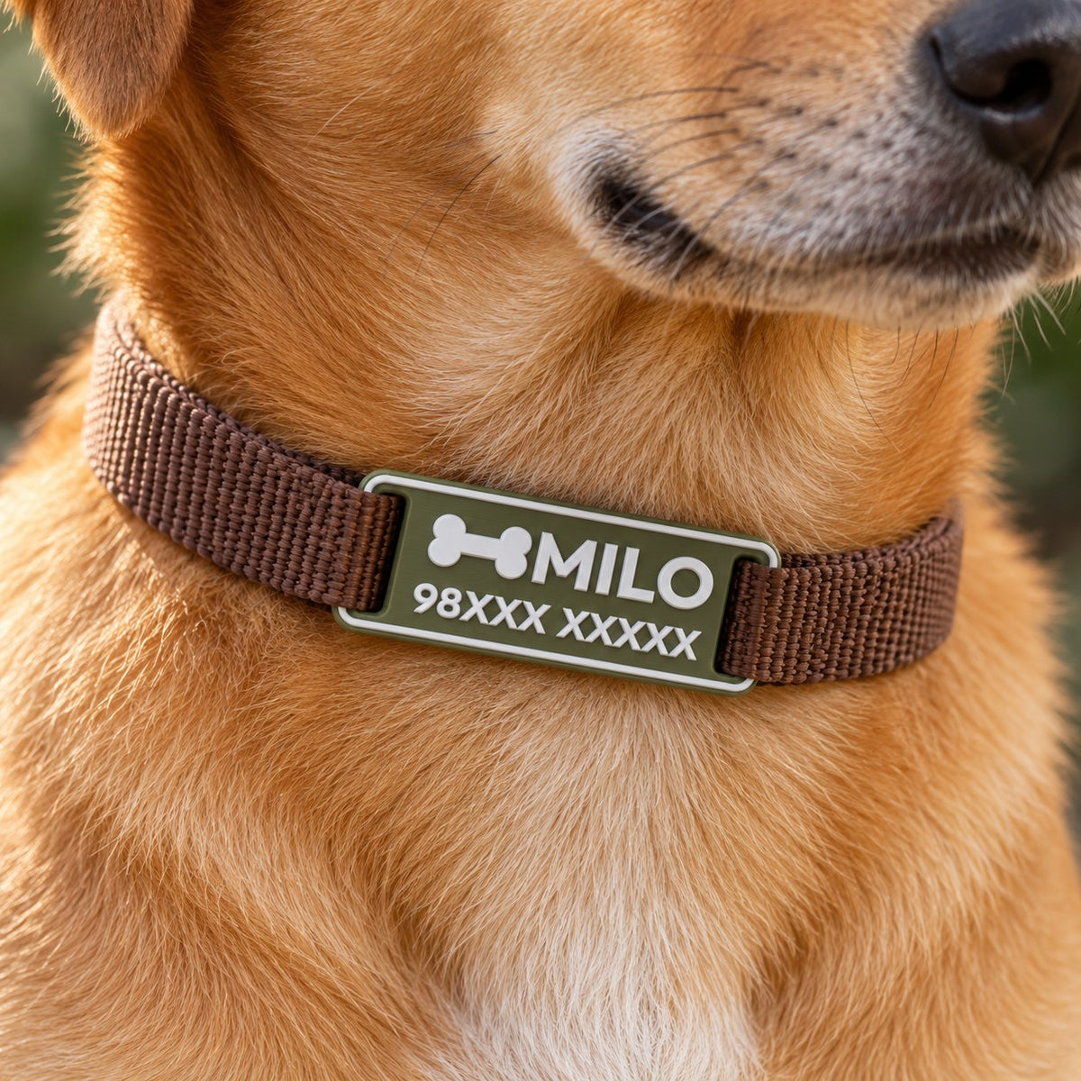 Silent Pet ID Tag: green 'MILO' tag threaded onto a brown nylon dog collar, worn by a calm golden-brown Indian dog, close-up of the neck