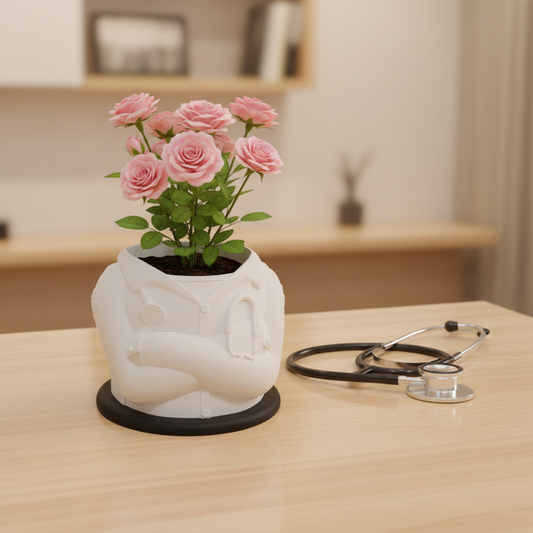 Doctor's Lab Coat Planter with pink roses on doctor's desk