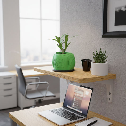 Good Vibes planter on modern office desk with laptop and second plant