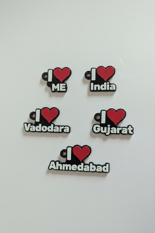 All 5 I Love keychains - ME, India, Gujarat, Vadodara, Ahmedabad - white studio background