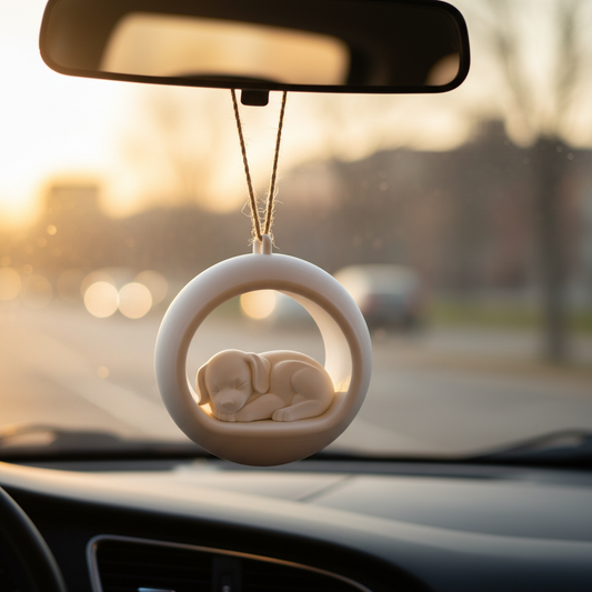 Sleeping Puppy Ornament hanging from car rear-view mirror