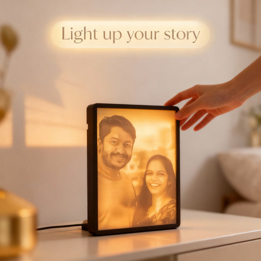 Custom photo lithophane night lamp glowing on a side table