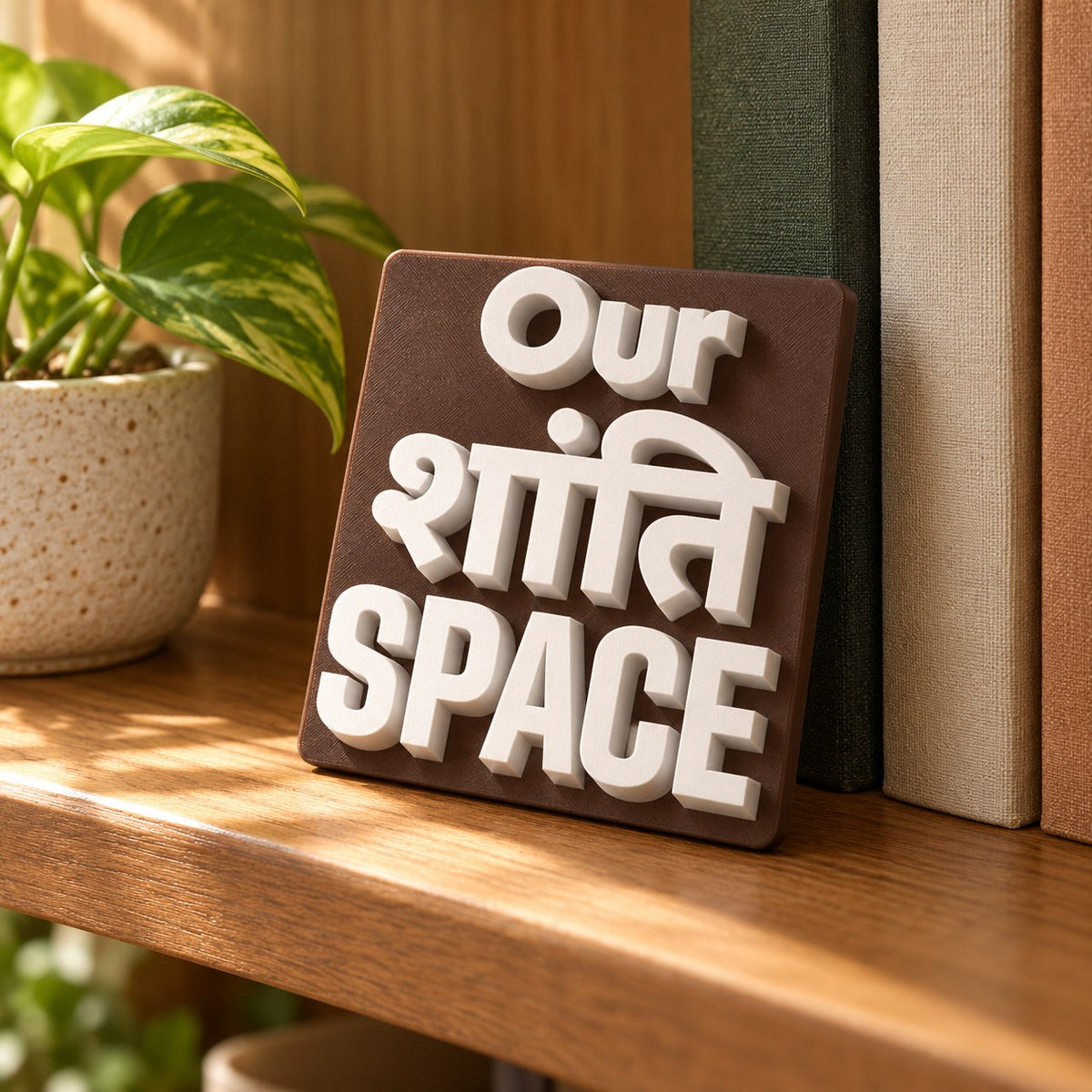 Custom Word Shelf Decor: decor piece standing on a wooden bookshelf beside a small plant and books, warm window light