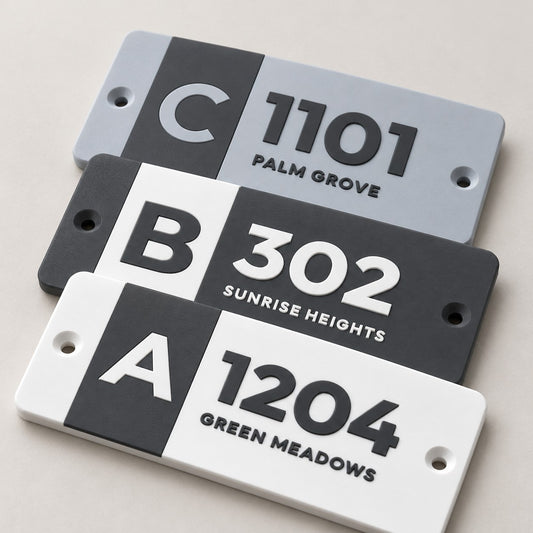 Flat Number Plate: three plates (A-1204, B-302, C-1101) arranged in a neat stack, slightly fanned, front view