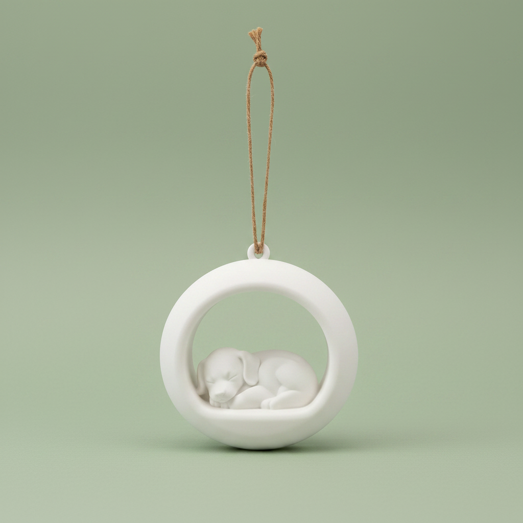 Sleeping Puppy Ornament studio shot with sage green background