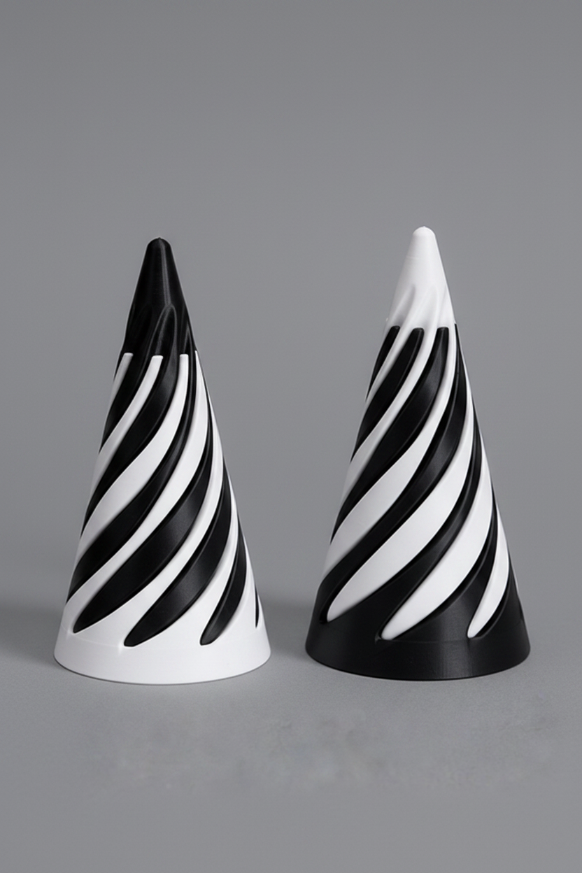 Spiral Twist Fidget Toy - two cones mirror pair, black top and white top