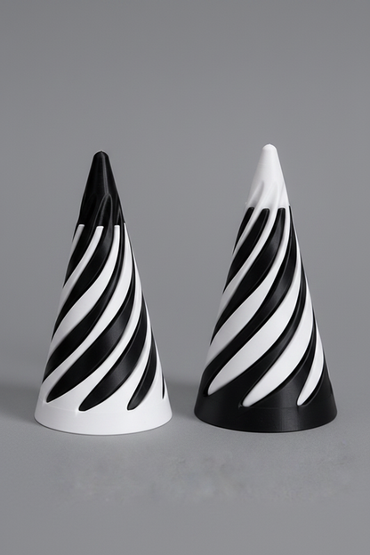 Spiral Twist Fidget Toy - two cones mirror pair, black top and white top
