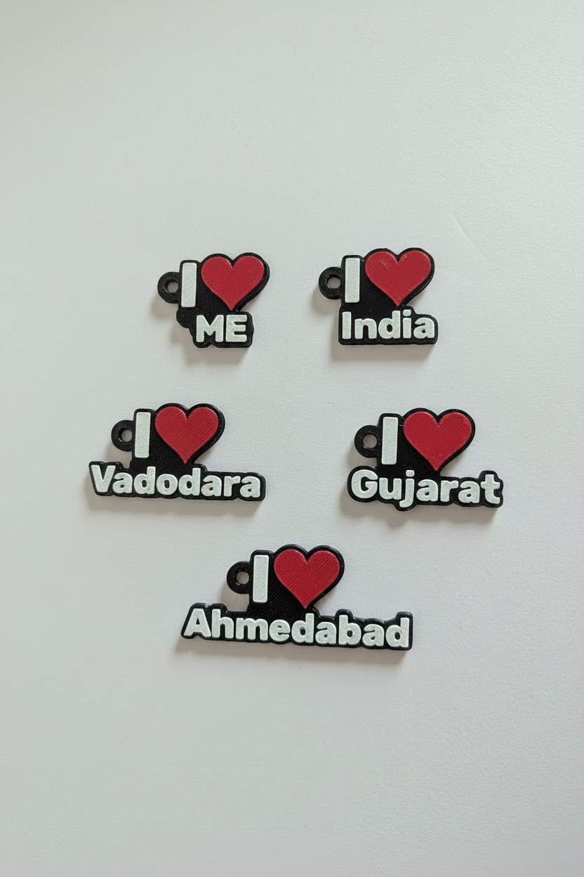 All 5 I Love keychains - ME, India, Gujarat, Vadodara, Ahmedabad - white studio background