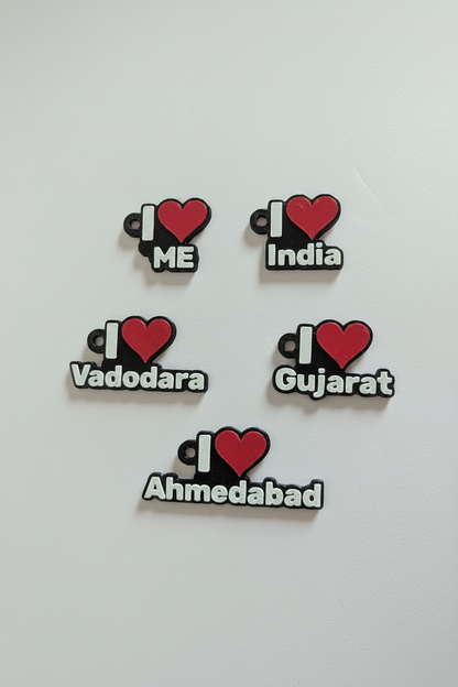 All 5 I Love keychains - ME, India, Gujarat, Vadodara, Ahmedabad - white studio background
