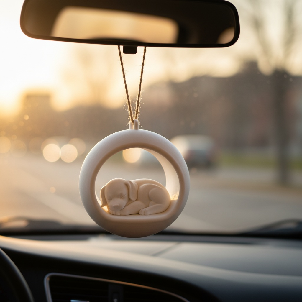 Sleeping Puppy Ornament hanging from car rear-view mirror