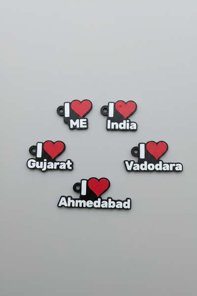All 5 I Love keychains - ME, India, Gujarat, Vadodara, Ahmedabad - light grey studio background