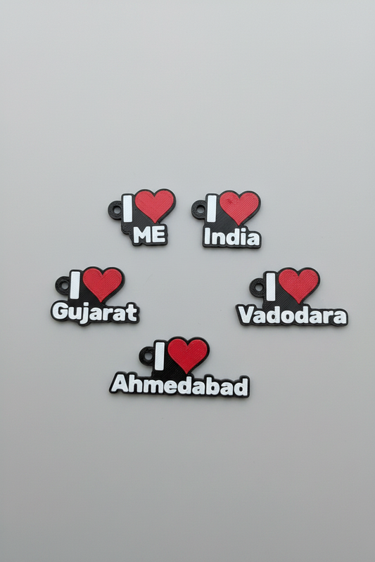 All 5 I Love keychains - ME, India, Gujarat, Vadodara, Ahmedabad - light grey studio background