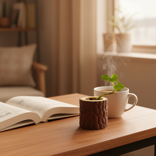 Rustic Log Planter with trailing plant on cozy desk with coffee and book