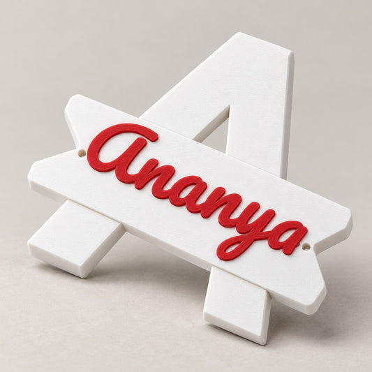 Initial Name Plaque: white A 'Ananya' plaque standing upright, leaning slightly back, three-quarter angle