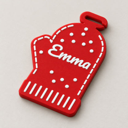 Personalised Christmas Ornament: red 'Emma' mitten alone, flat, at a three-quarter angle