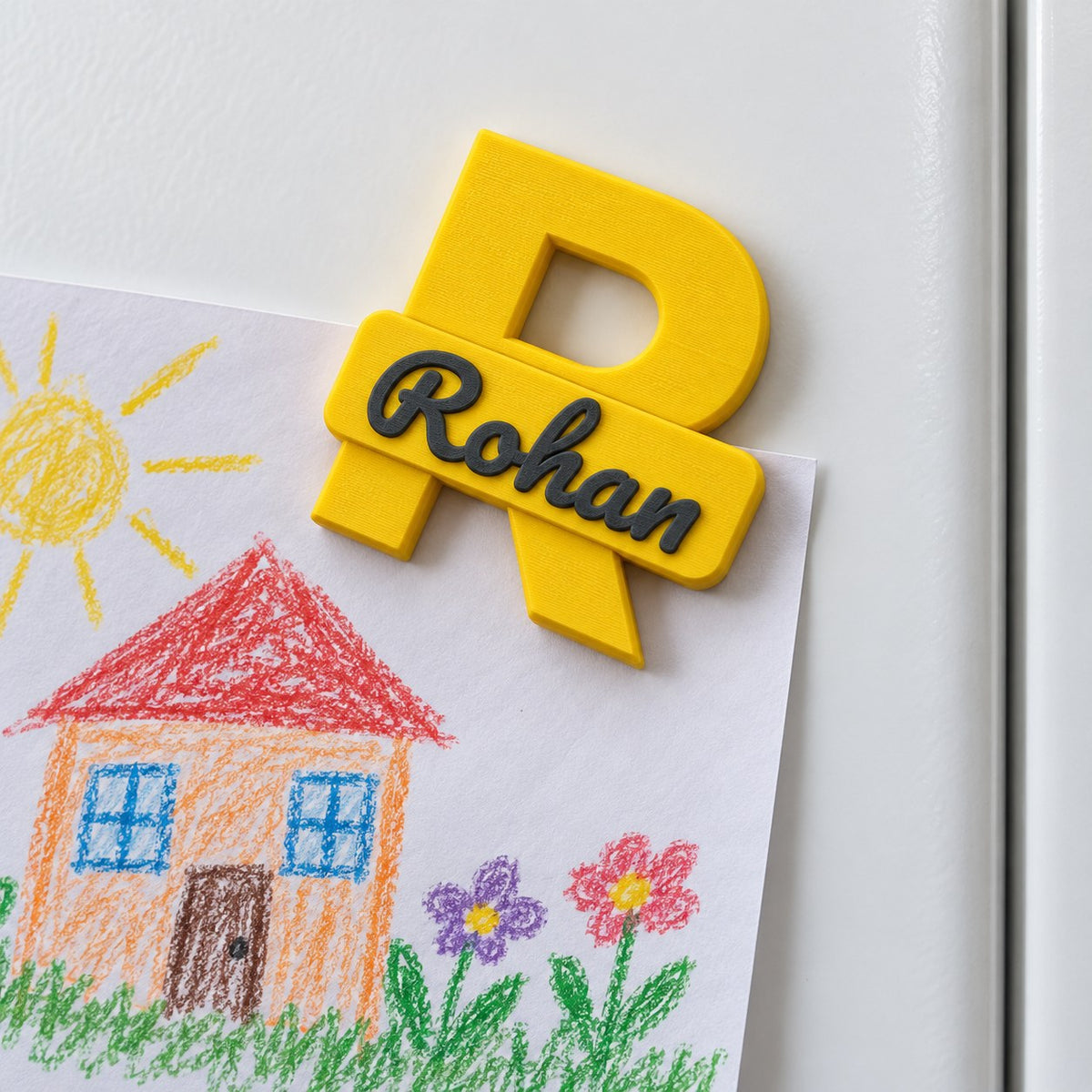 Personalised Initial Fridge Magnet: yellow R 'Rohan' magnet stuck on a white fridge door next to a child's drawing held by it