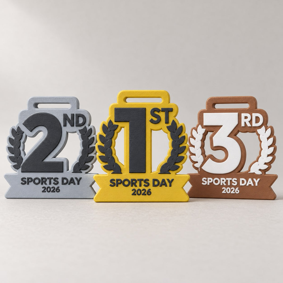 Podium medals for 2nd, 1st and 3rd in grey, yellow and brown standing in a row