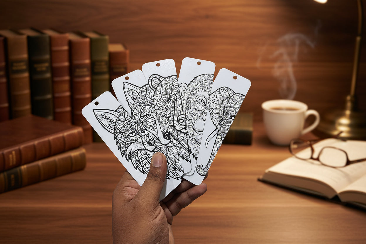 mandala art bookmark set with books in background