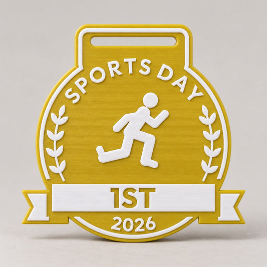 Gold-yellow 3D-printed Sports Day medal with white lettering, a runner, laurels and 1ST on a white banner