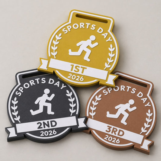 Sports Day medals for 1st, 2nd and 3rd in gold-yellow, black and brown with white lettering